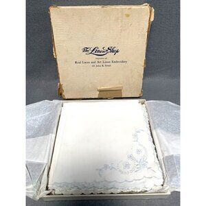 Vintage Linen Shop Embroidered Handkerchiefs Set of 12 White & Blue Floral Desig